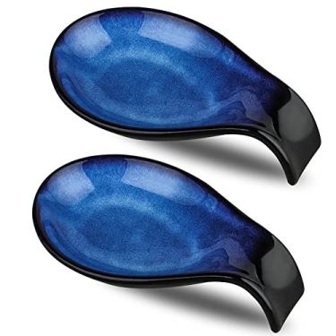 Imagem de Nihow Descanso de colher de cerâmica: Descanso de utensílios estável de 10 cm - Suporte de colher resistente ao calor para balcão de cozinha/bancada/fogão - Seguro para lava-louças - Preto e Azul elegante (conjunto com 2)