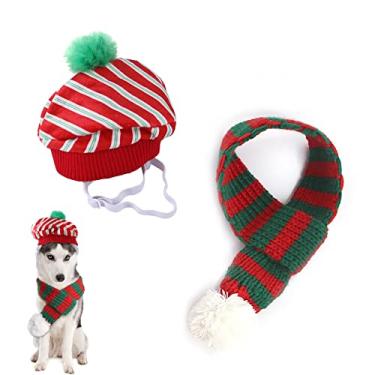 Imagem de Yajun Conjunto de chapéu de cachecol de malha para cães bonés quentes de inverno para cães pequenos médios gatos chapéu gorro ajustável com pompons, vermelho, M (carfa: 50cm)