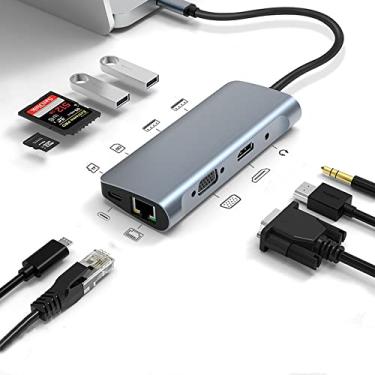 Imagem de Hub USB C 9 em 1 adaptador multiportas USB C Hub VGA Ethernet 100W PD HDMI 4K 2 USB 2.0 Leitor de cartão SD/TF 3,5 mm Dongle Dock Station para MacBook Pro/Air HP Dell Laptops
