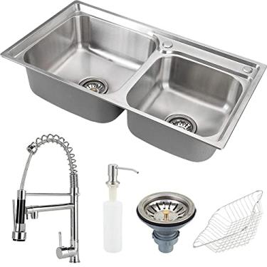 Imagem de Pingoo.Casa, Kit Cuba para Cozinha com Acessórios, Pia Dupla, Gourmet, Aço Inox, Ticunas e Torneira Misturador Monocomando, Munim, Com Duas Opções De Jato, Material Cromado Resistente