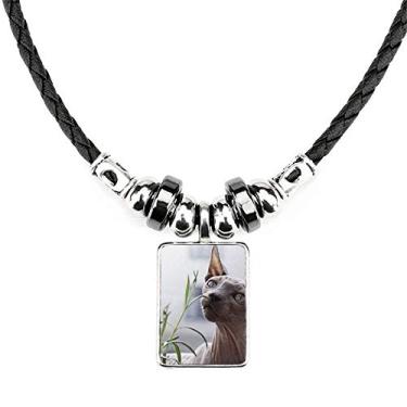 Imagem de DIYthinker Colar com fotografia de gato fino cinza animal, joia com pingente de corda de couro