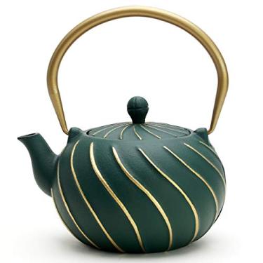 Imagem de TOPTIER Bule de chá japonês de ferro fundido com infusor, chaleira segura para fogão, design ondulado, interior esmaltado, 900 ml, verde