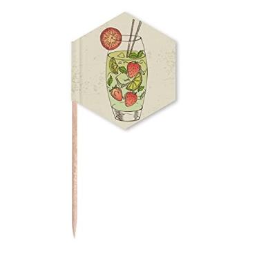 Imagem de Bandeiras de palito de dente com estampa de suco de fruta de morango, palitos de cupcake, festa comemoração