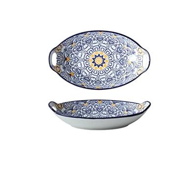Imagem de GUIPAIHAI Prato de cerâmica criativo doméstico prato de sopa 28 cm estilo boêmio prato de jantar forno de cozinha (cor: azul A)