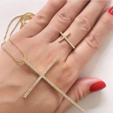 Imagem de Conjunto Gargantilha Cruz + Anel Cruz Cravejado Banhado A Ouro
