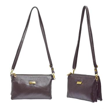 Imagem de Bolsa Feminina Marrom Café Pequena Transversal em Couro Legítimo Crossbody Alça Comprida Regulável 5 Compartimentos Madamix