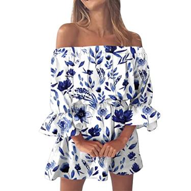 Imagem de Vestidos de verão para mulheres, estampa vintage, sexy, estilo túnica com ombros de fora, vestido curto casual de manga comprida, Azul-celeste, P