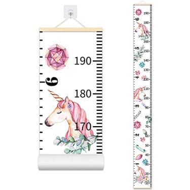 Imagem de Tabela de crescimento do bebê, tabela de parede de altura para crianças, moldura de madeira de 200 x 20 cm, régua suspensa para decoração de quarto de criança (unicórnio)