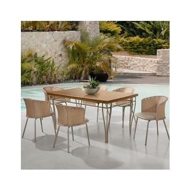 Imagem de Mesa de Jantar Retangular Aço Nobre Roma com Tampo Ripado e 6 Cadeiras Estofadas Revestidas em Junco Sintético - Champanhe