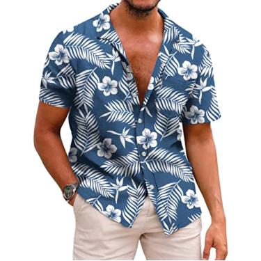 Imagem de COOFANDY Camisa masculina havaiana de manga curta casual de botão para praia tropical, Azul marinho/folha branca, 3G