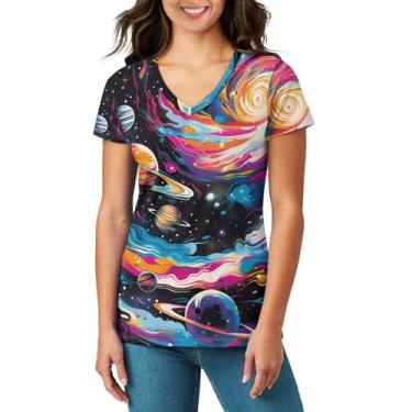 Imagem de Pugasmiru Camiseta feminina colorida estampada gola V manga curta macia elástica camiseta para escola, Galaxy Star, G