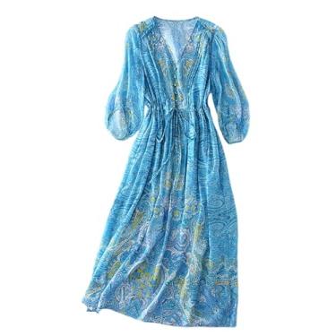 Imagem de HangErFeng Vestido feminino de seda estampado floral gola V babados meia manga cordão cintura azul saia de férias 2824, Azul, G