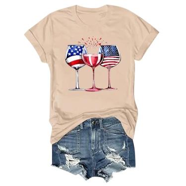 Imagem de Camisetas patrióticas femininas 4 de julho 2024 manga curta gola redonda bandeira dos EUA túnicas gráficas engraçadas taça de vinho, Z01 - bege, G