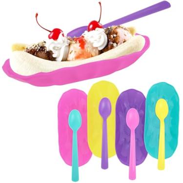 Imagem de Set of 4 Reusable Banana Split Boats with Color Matching Spoons Use as Desert Dish, Ice Cream Sundae, Fruit Bowls, Ice Cream Bowl, Brownies,Snack Trays BPA Free (4)
