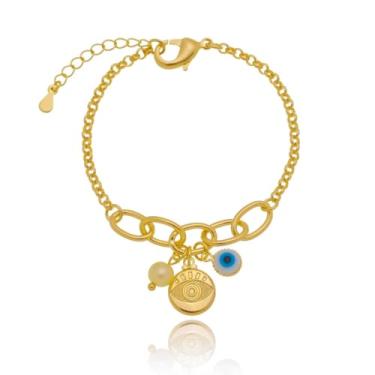 Imagem de Pulseira Semi Joia Banhada a Ouro 18k com Olhos Gregos e Pérola Design Moderno Extensor Ajustável e Fecho Lagosta