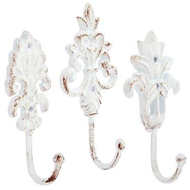 Imagem de Ganchos de ferro fundido com parafusos, montagem na parede, design vintage (branco, 21 cm, 3 pacotes)