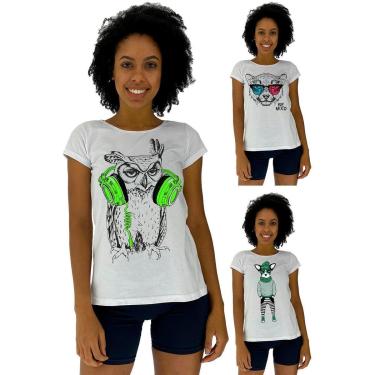 Imagem de Kit 3 Camisa Babylook MXD Conceito Casual Fitness Cores Básicas e Estampas Diversas-Feminino