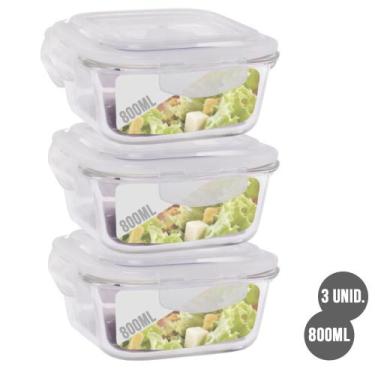 Imagem de Conjunto 3 Potes Vidro Quadrado 800ml Hermético 4 Travas - Quality Hou