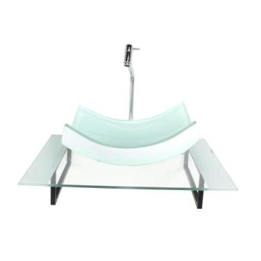 Imagem de Kit Cuba Vidro Retangular Curvada Tampo 60Cm Branco E - Cubas E Gabine