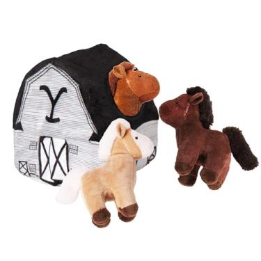 Imagem de design LAB, Inc. Mercadoria oficial Yellowstone | Brinquedos de pelúcia para cães | celeiro de brinquedo de aninhamento Yellowstone com cavalos | Conjunto de presente de cavalo de pelúcia estridente