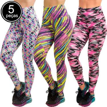 Imagem de Kit 5 Calças Legging Fitness Cintura Cós Alto Estampada - WLS Modas, M