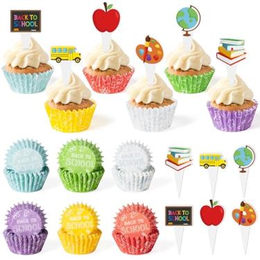Imagem de COcnny 300 peças de forros de cupcake de volta às aulas, mini copos para assar bolos escolares, embalagens de cupcake para o primeiro dia de aula com topos de cupcake, materiais para fazer muffins de