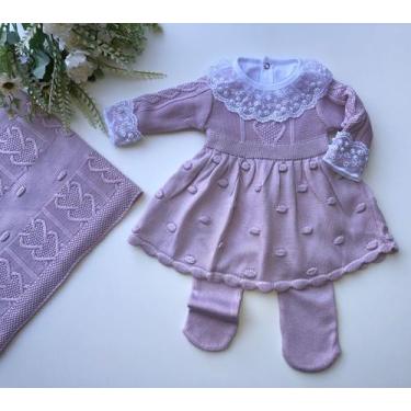 Imagem de Saída de maternidade de menina vestido pipoca em tricot 4 peças - Dinh