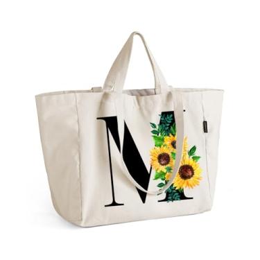 Imagem de AUSVKAI Sacola de lona para mulheres, bolsa de compras de girassol com zíper, bolso interno e alça de ombro longa alça curta, Letra M, Large