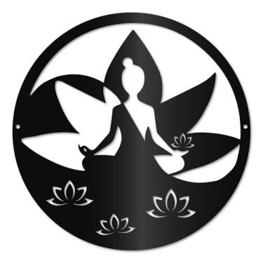 Imagem de CREATCABIN Decoração de parede de metal Zen Meditação Espiritual Arte de Parede Buda Lótus Silhueta Preta Pendurada Esculturas de Parede Arte para Interior Exterior Yoga Quarto Sala de Estar Decoração