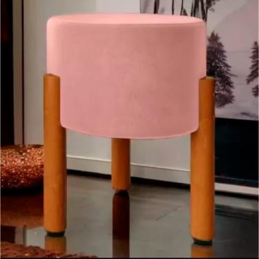 Imagem de Puff Thor Banquinho Redondo Pés Em Madeira Maciça Suede Rosa