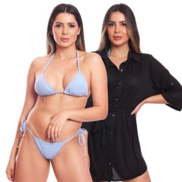 Imagem de Kit Saída de Praia Chemise Camisão Feminino + Biquini Cortininha de Am