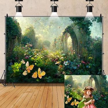 Imagem de Fantasia floresta pano de fundo 2,4 x 1,8 m pintura a óleo encantado país das maravilhas borboleta fotografia pano de fundo mágico conto de fadas floresta meninas aniversário chá de bebê fundo