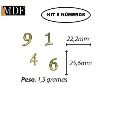 Imagem de Kit 5 Números para Artesanato Apliques 2,22 X 2,56cm  Zamac Dourado - 