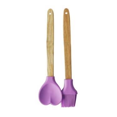 Imagem de Kit pincel e colher coração de silicone com cabo de bambu c/ 2 pçs - I