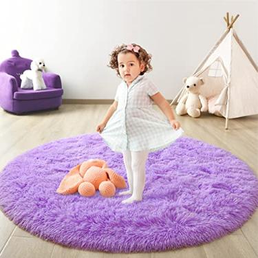 Imagem de FlyDOIT Tapete redondo roxo para quarto, tapetes circulares super fofos para berçário, tapete peludo de 1,2 x 10 m para quarto de crianças, tapete felpudo macio fofo para decoração de casa de meninas,