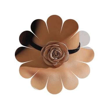 Imagem de Sttiafay Colar vintage de veludo preto com flor de veludo, colar grande de flor de camélia, colar curto de renda, colar rosa Lolita, bijuteria cosplay para mulheres, Zinco, Sem Pedra Preciosa