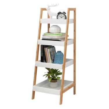 Imagem de Prateleira de armazenamento trapezoidal de bambu com 4 camadas, prateleiras de armazenamento organizadoras independentes, estante inclinada para parede, suporte de flores para plantas, prateleiras de