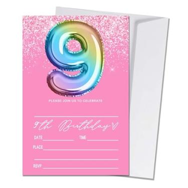 Imagem de Wybgno Convite de aniversário de 9 anos rosa para meninas 20 peças com glitter convite de aniversário impressão arco-íris cartões de convite com envelopes, suprimentos de festa de aniversário (4 × 6