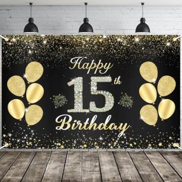Imagem de JOYKY Faixa de feliz aniversário de 15 anos, decorações de festa de aniversário de 15 anos de ouro para meninas, decoração de pano de fundo de suprimentos de aniversário de 15 anos, 15 x 3,8 pés