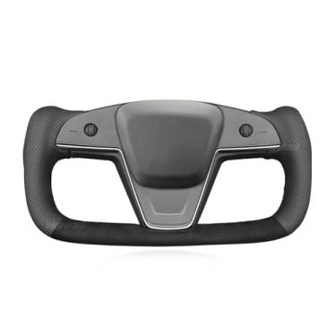 Imagem de MEWANT Capa de volante de carro costurada à mão preta e couro real para Tesla Yoke Model S Plaid 2021-2023 / Modelo X 2021-2023 Acessórios de volante para Tesla Yoke