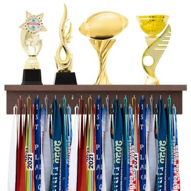 Imagem de Threehoney Prateleira de suporte de troféu para exibição de medalha de madeira com ganchos 25/37/49/65, suporte de fita para parede, presente de Natal para prêmios de ginástica, corrida de futebol (6