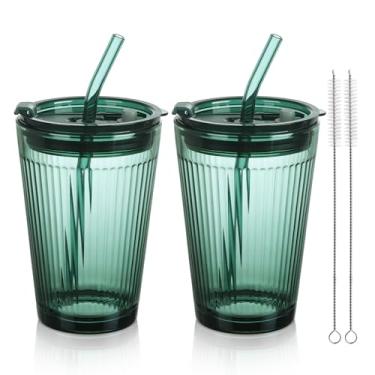 Imagem de Joeyan Copo de vidro com canudo e tampa, copo de água de copos verdes com canudo para adultos, frascos de vidro colorido para suco bebidas geladas café chá smoothie leite de refrigerante, 425 g, conjunto de 2, lavável na lava-louças