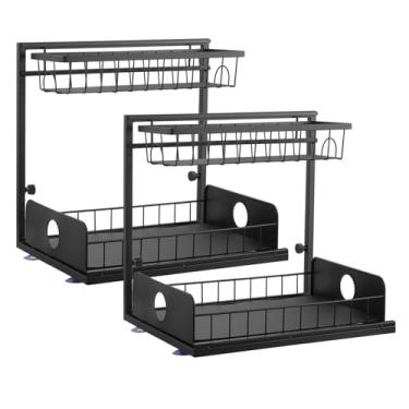 Imagem de Tanice Organizador embaixo da pia, pacote com 2 organizadores de armário de banheiro de 2 camadas, organizador deslizante sob a pia da cozinha, preto