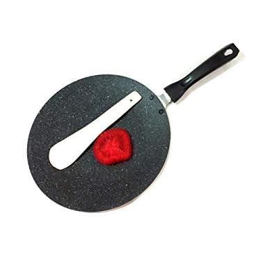 Imagem de Antiaderente Concave Roti Tawa/Griddle Antiaderente Chapati Tawa/Roti Tawa/Paratha Tawa Naan Roti Chapati Tawa Concave Aluminium Chapati Tawva 4 mm com espátula e esfregão de madeira grátis (275 mm)