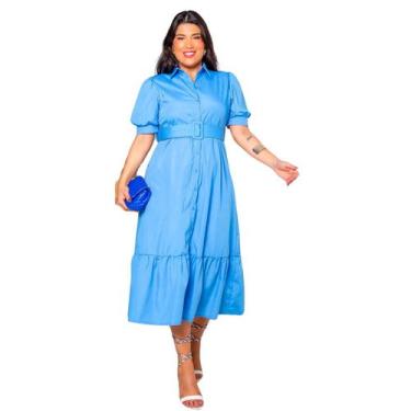 Imagem de Vestido plus size manga curta midi com cinto e saia evase em crepe ele