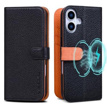 Imagem de VISOUL Capa carteira magnética para iPhone 16 com porta-cartões, capa carteira de couro real com suporte à prova de choque para iPhone 16 de 6,1 polegadas (preto + laranja-magnético)