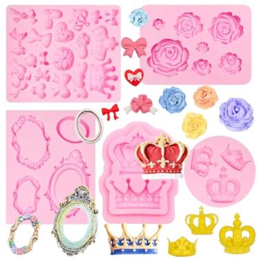 Imagem de Moldes de silicone coroa princesa flores rosas arco fondant molduras vintage moldes de coração chocolate estilo barroco moldes para assar cupcake pasta de goma de doces argila polímero conjunto de 5
