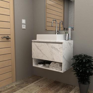 Imagem de Balcão Gabinete Suspenso para Banheiro 60cm BN3606 com Cuba BN3600 Mármore Branco Tecnomobili