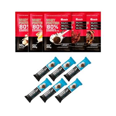 Imagem de Combo - Whey protein concentrado sachê 30g 5un (Chocolate, Beijinho, Mousse de maracujá, Milkshake de chocolate e Cookies) e Whey protein concentrado barra 30g 6un (sabores diversos) - Growth (Único, Cookies)