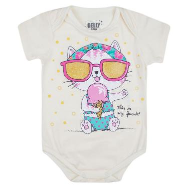 Imagem de Body Bebê Gatinha, Manga Curta, Branco/Rosa, 3 a 6 Meses, Gaga Baby